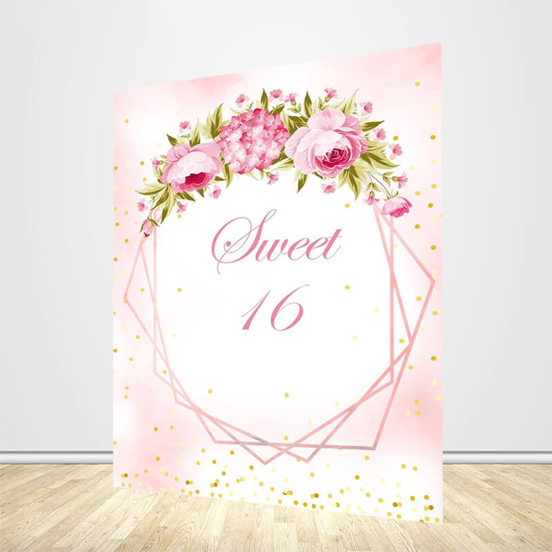 Custom Sweet 16 Backdrop Pink Flower Wreath Girl's Birthday Party Decoration - Designed, Printed and Shipped-ubackdrop