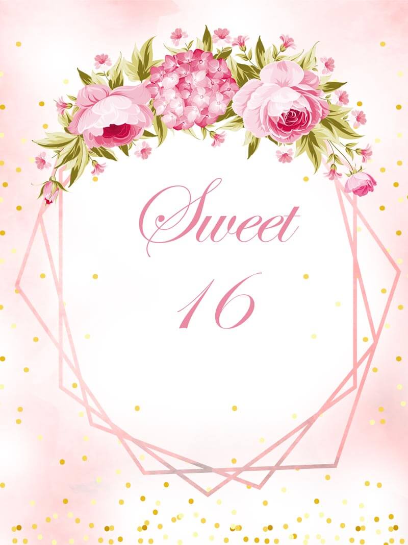 Custom Sweet 16 Backdrop Pink Flower Wreath Girl's Birthday Party Decoration - Designed, Printed and Shipped-ubackdrop