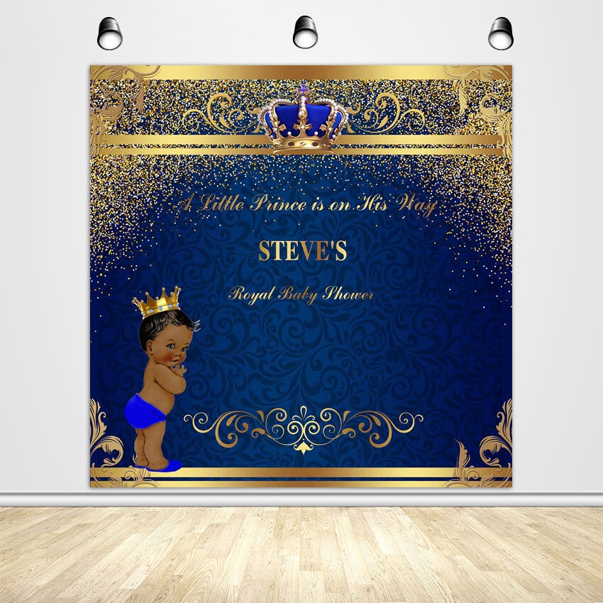 Blue and Gold Royal Prince Baby Shower Backdrop Designed