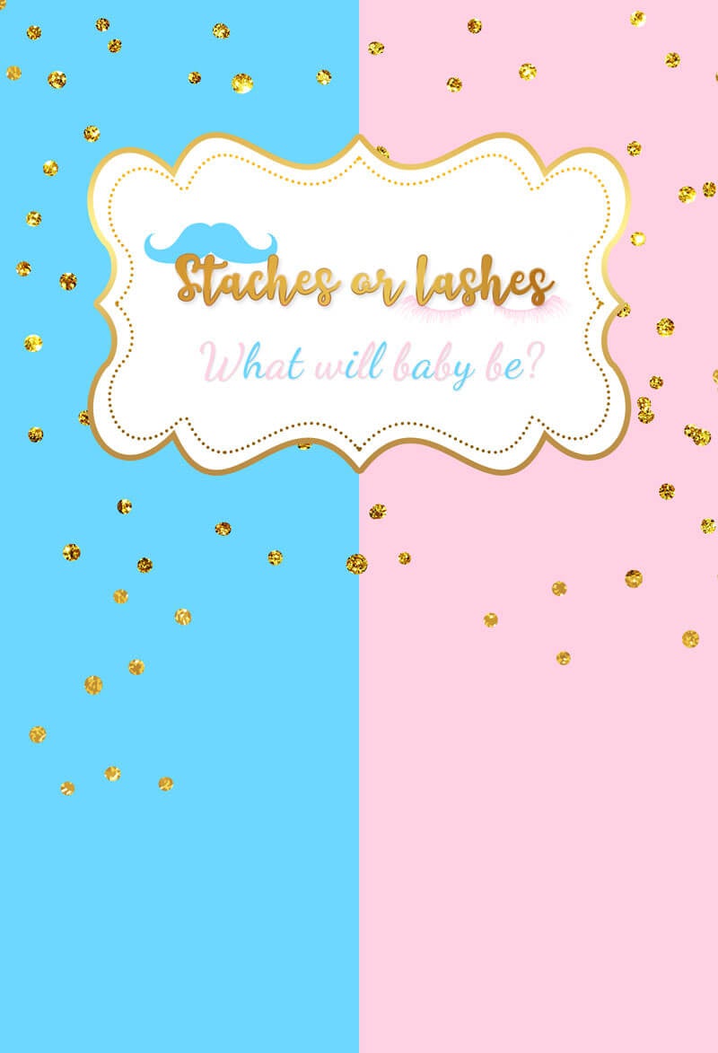 Staches or Lashes Gender Reveal Backdrop - Designed, Printed & Shipped-ubackdrop